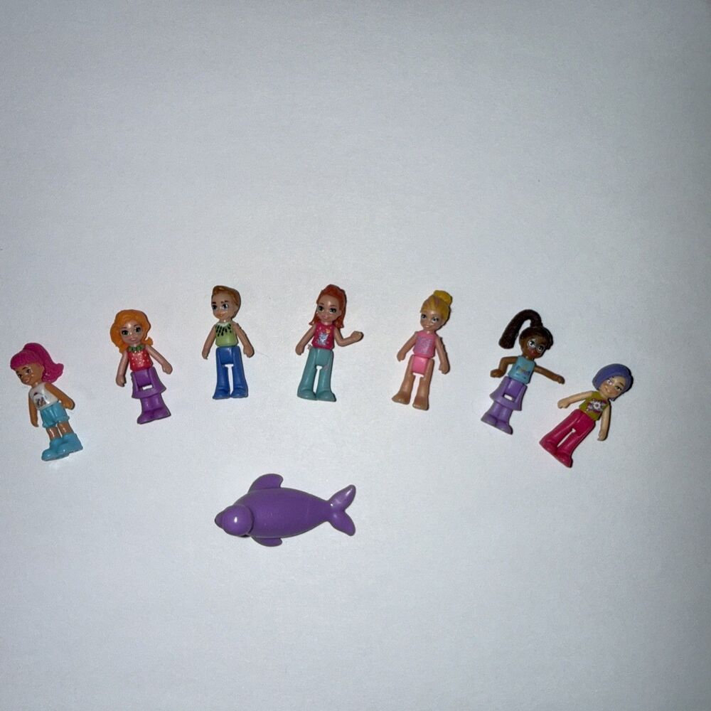 Polly Pocket Micro Doll Figure Lot of 7 Girls + Purple Seal Mattel 2018+ Movable